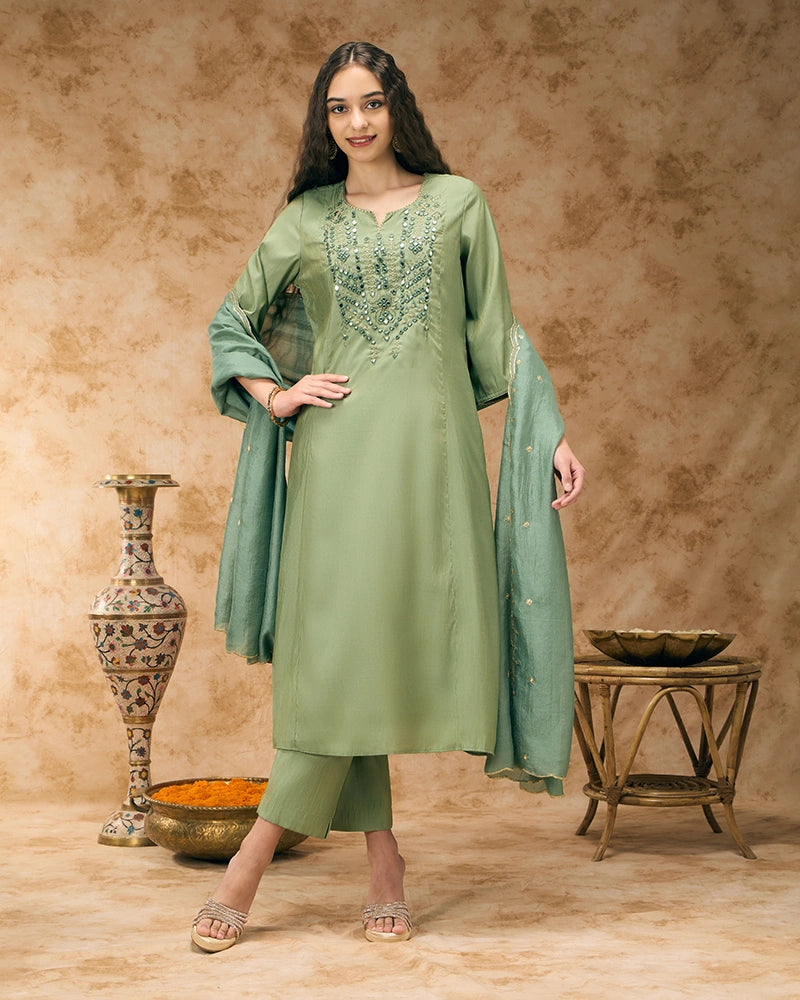 A-line embroidered kurta set - Sage Green