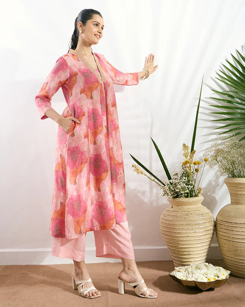 Pink V-Neck Zari Embroidered Kurta Set for Women