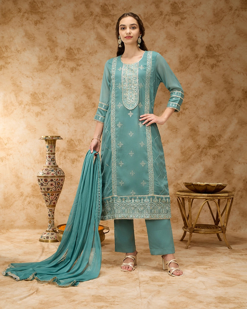 Round neck straight kurta SKD set featuring elegant placement embroidery.