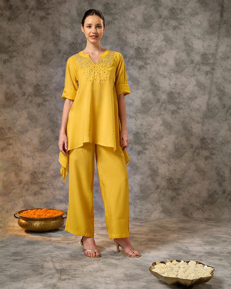 Asymmetric Zari Embroidered Kurta with Pant Co-Ord Set - Mustard