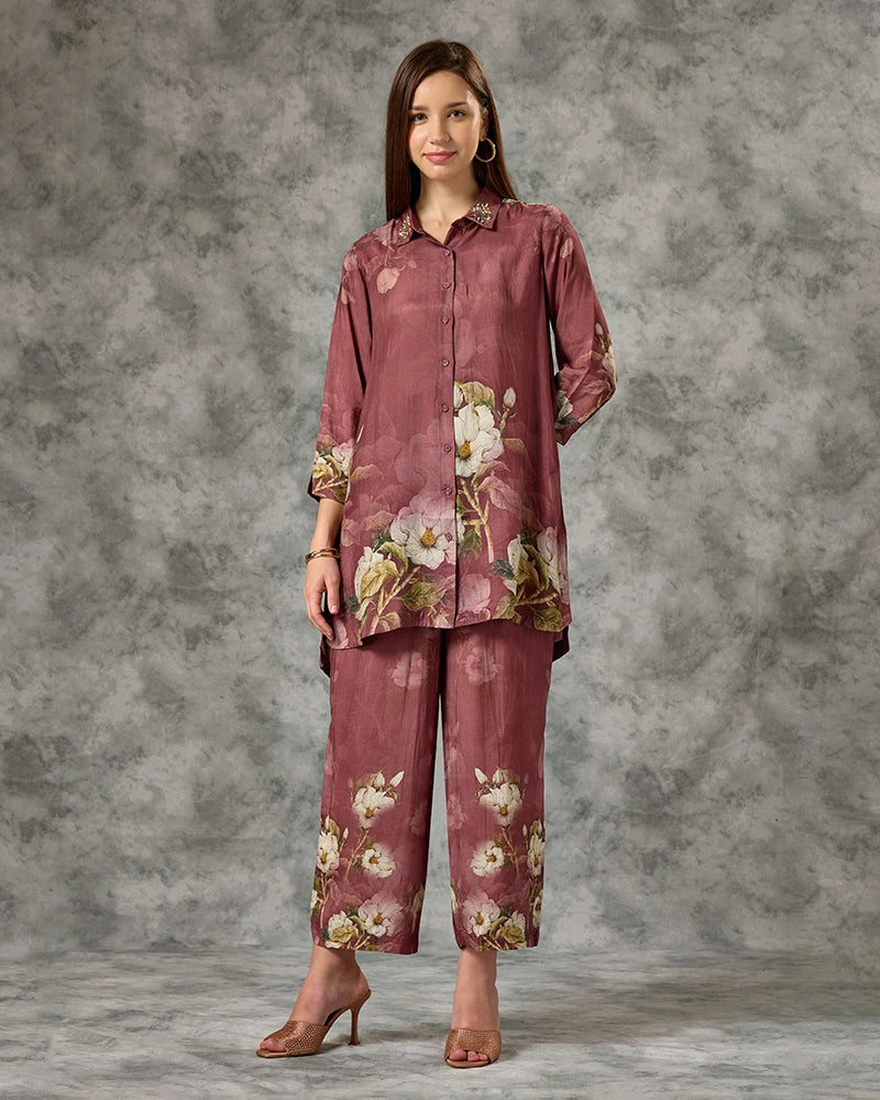 Floral Printed Modal Embroidered Collar Neck Top with Pant Co-Ord Set - Brown