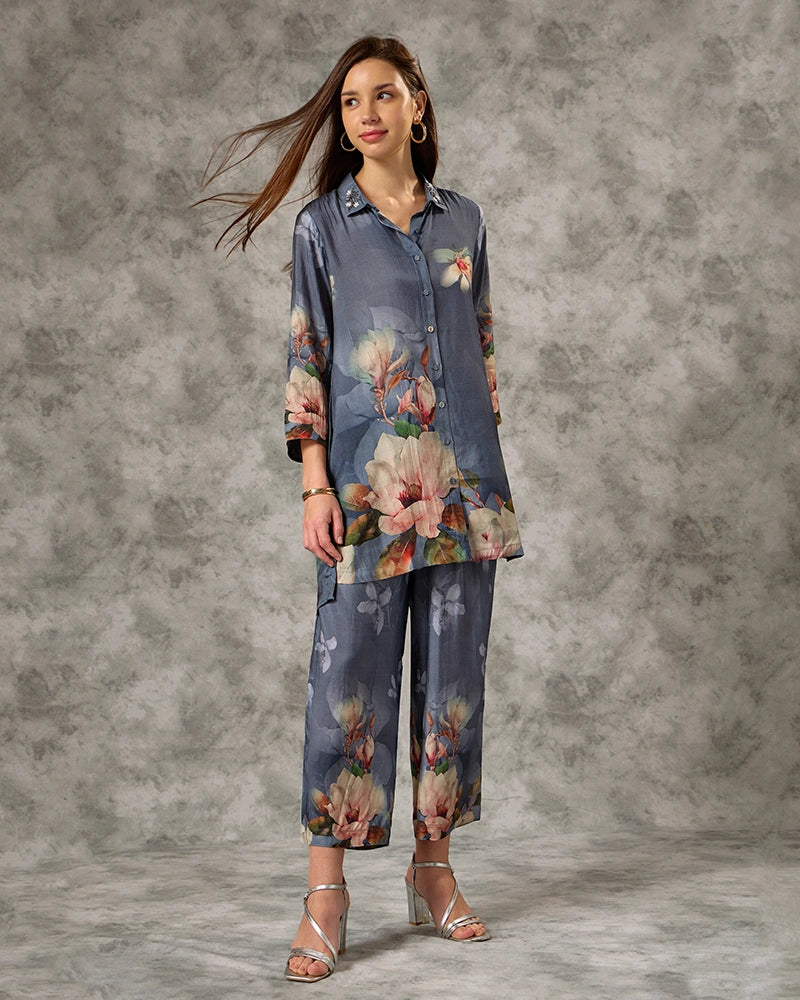 Floral Printed Modal Embroidered Collar Neck Top with Pant Co-Ord Set - Blue