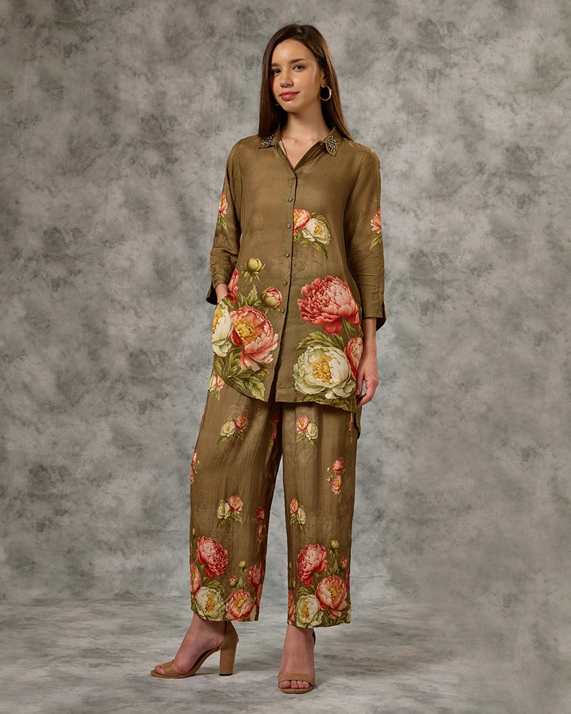 Floral Printed Modal Embroidered Collar Neck Top with Pant Co-Ord Set - Green