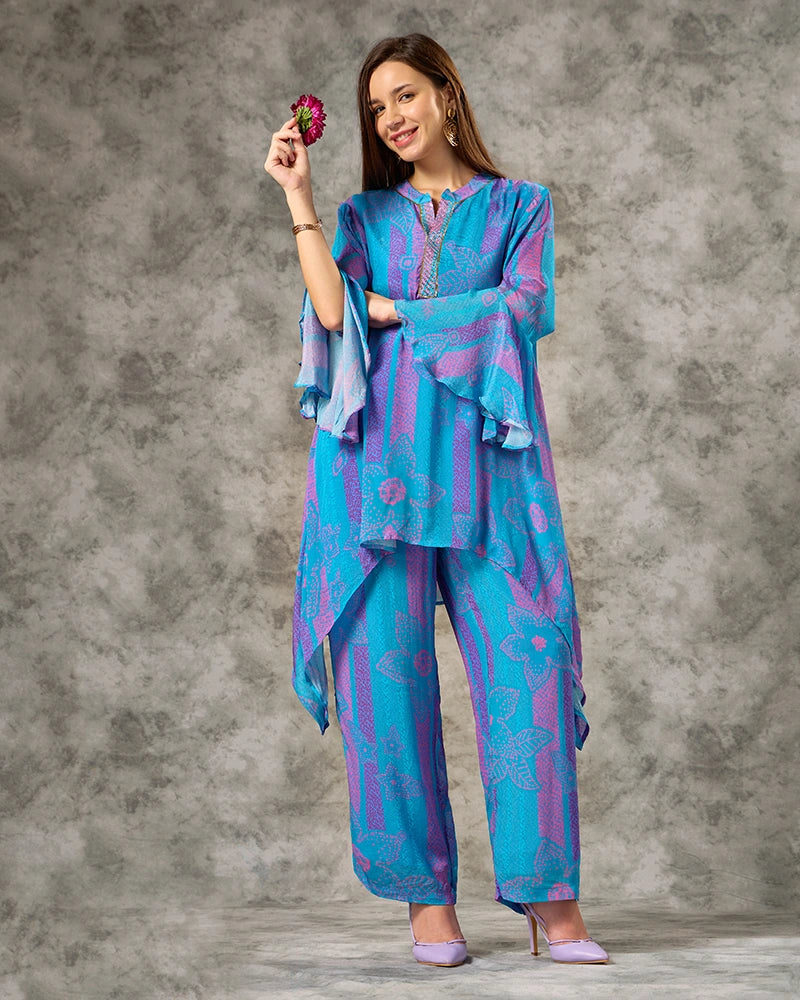 V-Neck Bandhani Printed Co.ord Set - Blue
