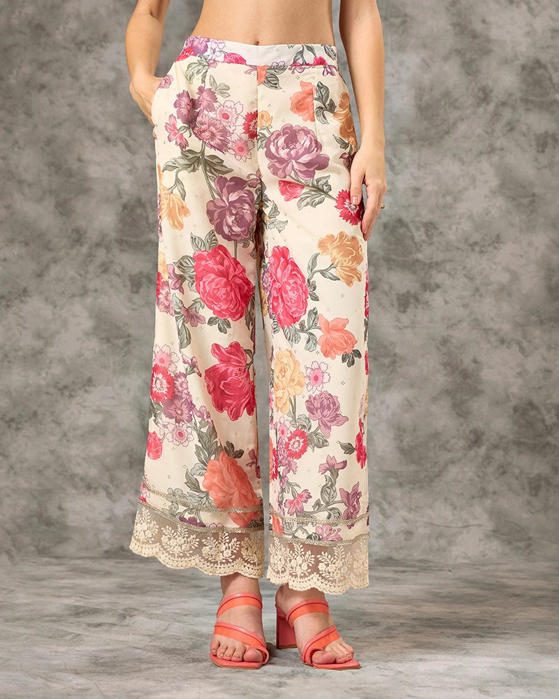 Off White All Over Printed Tie Up Neck Co-Ord Set for Women