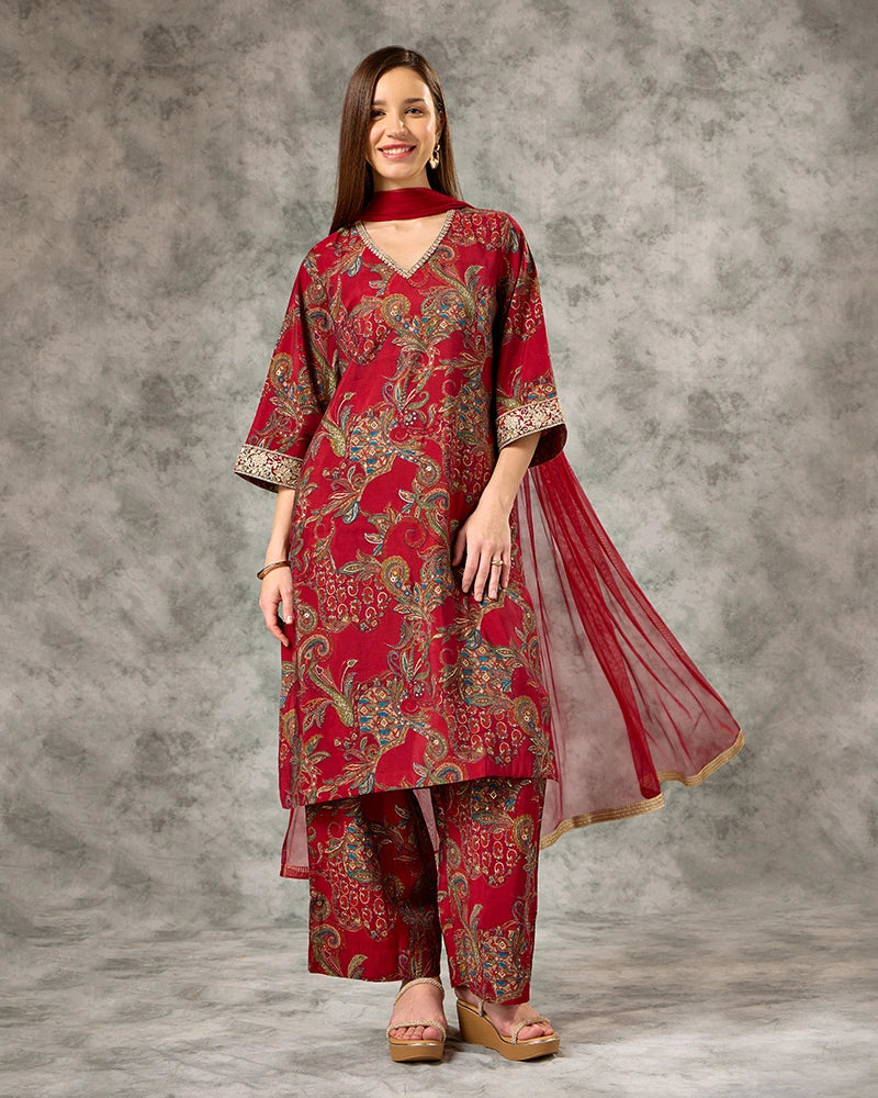 A-line Printed kurta set - Red