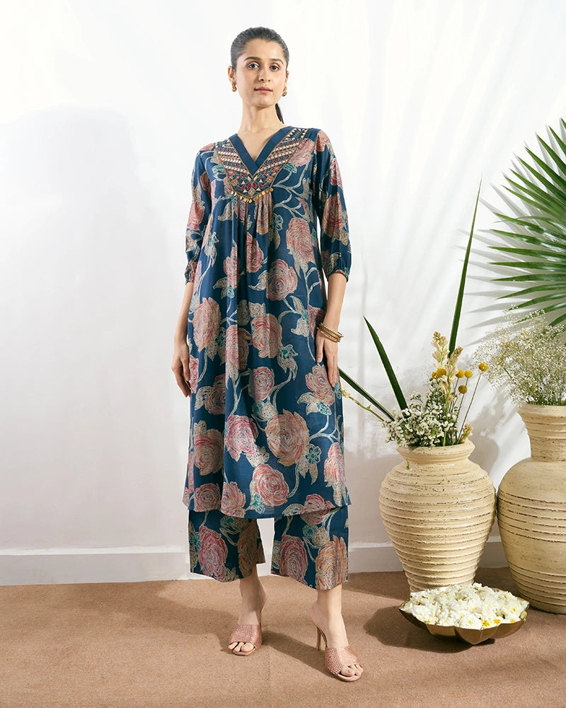 Navy Blue Printed V-Neck Kurta Set with Embroidered Neckline for Women