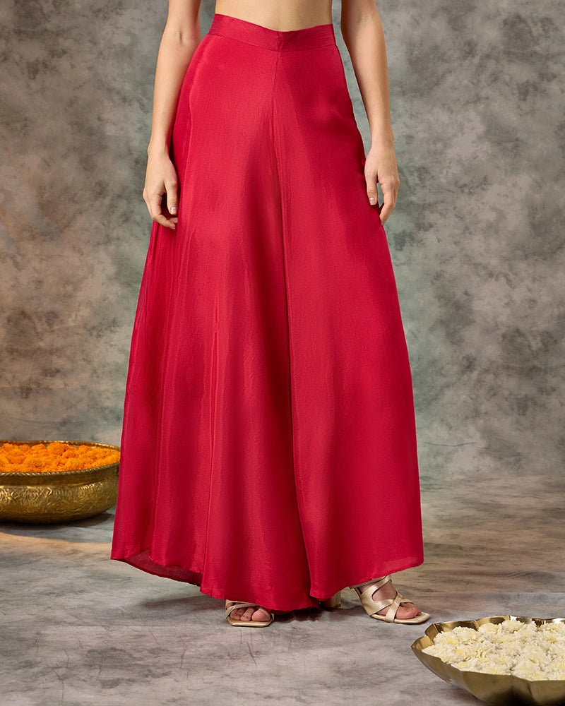 Sleeveless Brocade Kurta Set with Wide Leg Pant and Dupatta - Red