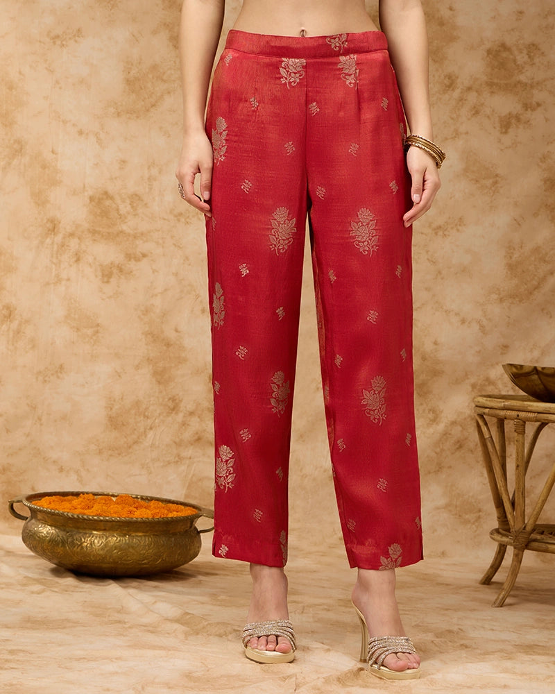 Brocade Kurta Set - Brick Red