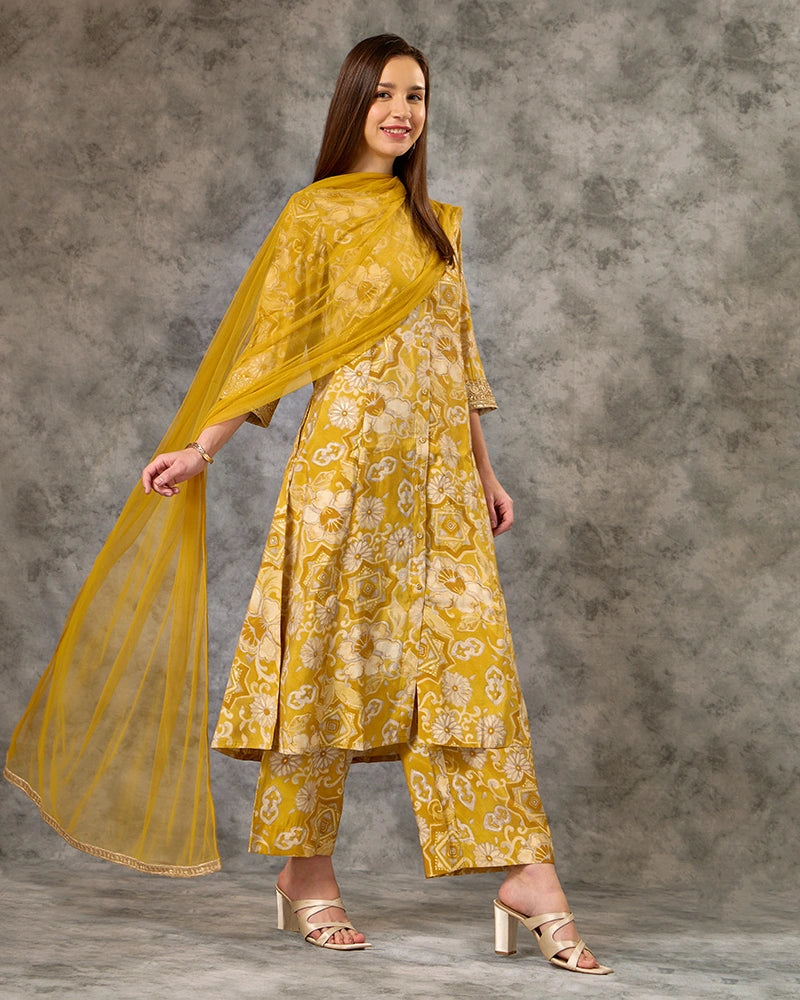 Zari Embroidered All over Printed Mandarin Neck Kurta Set with Pant and Dupatta - Yellow