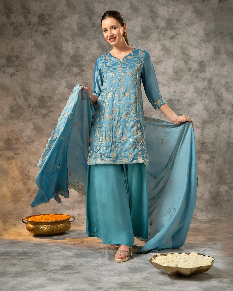 Embroidered Round Neck Kurta Set with Wide Pant and Dupatta - Teal