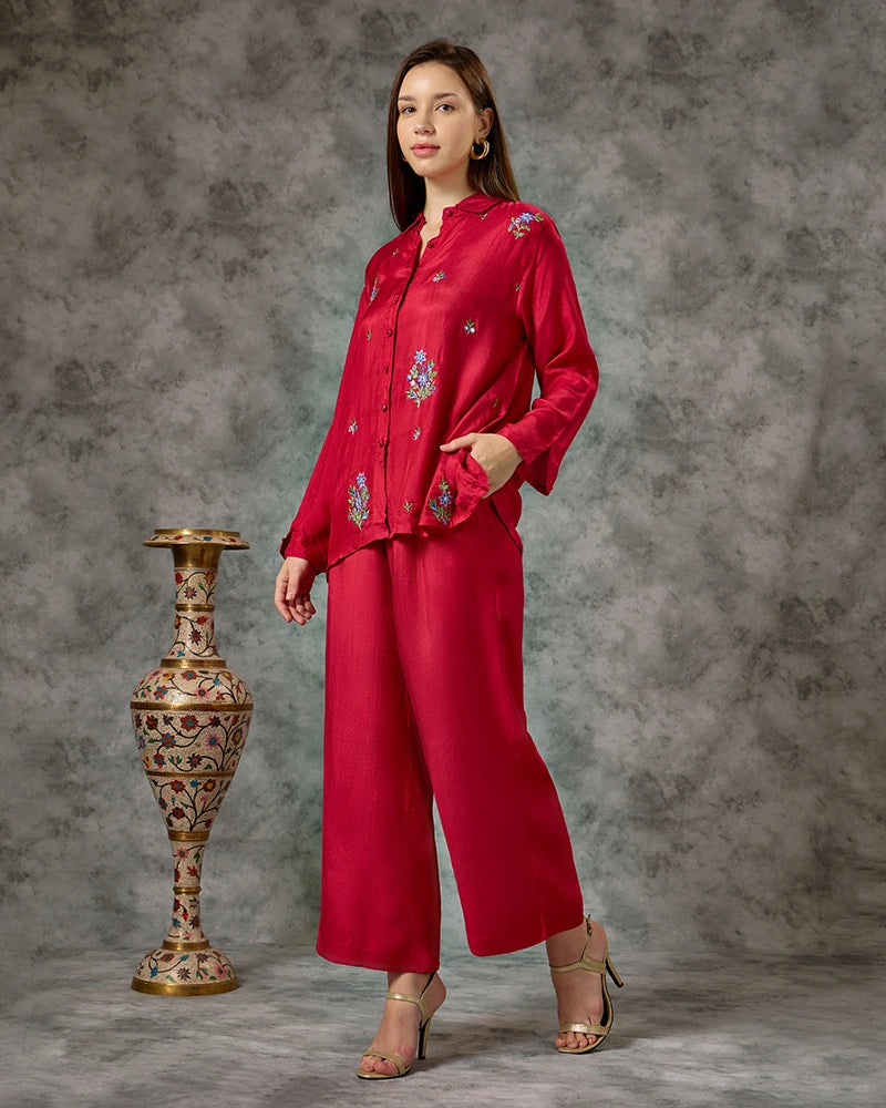 Embroidered Co-ord Set - Dark Pink