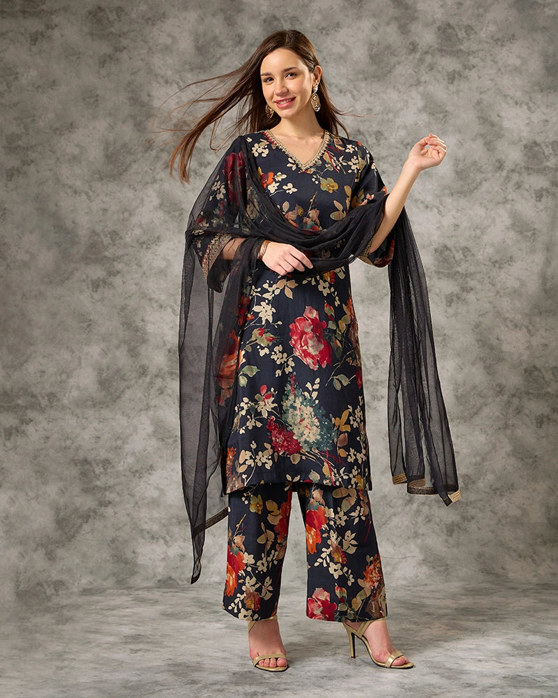 A-line All Over Floral Printed Kurta Set with Pant & Dupatta - Blue
