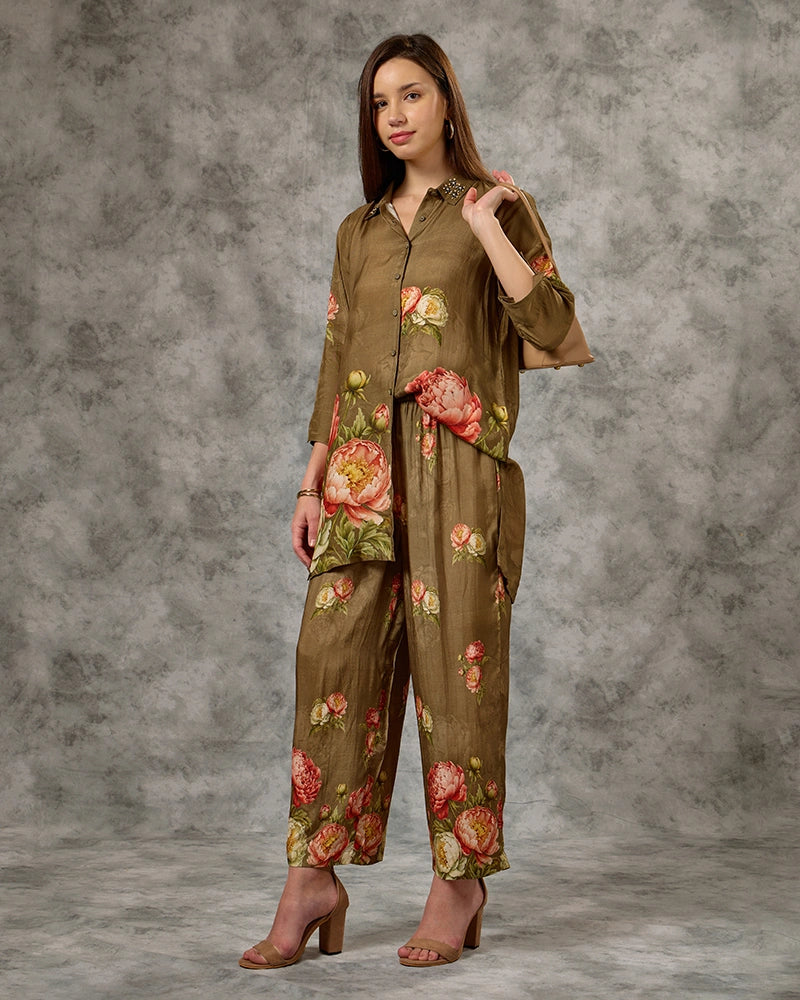 Floral Printed Modal Embroidered Collar Neck Top with Pant Co-Ord Set - Green