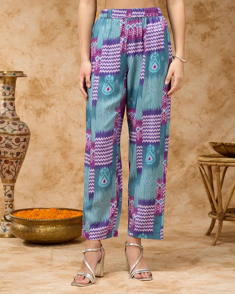 Ikkat Printed Co-ord Set with Mirror Embroidered Yoke