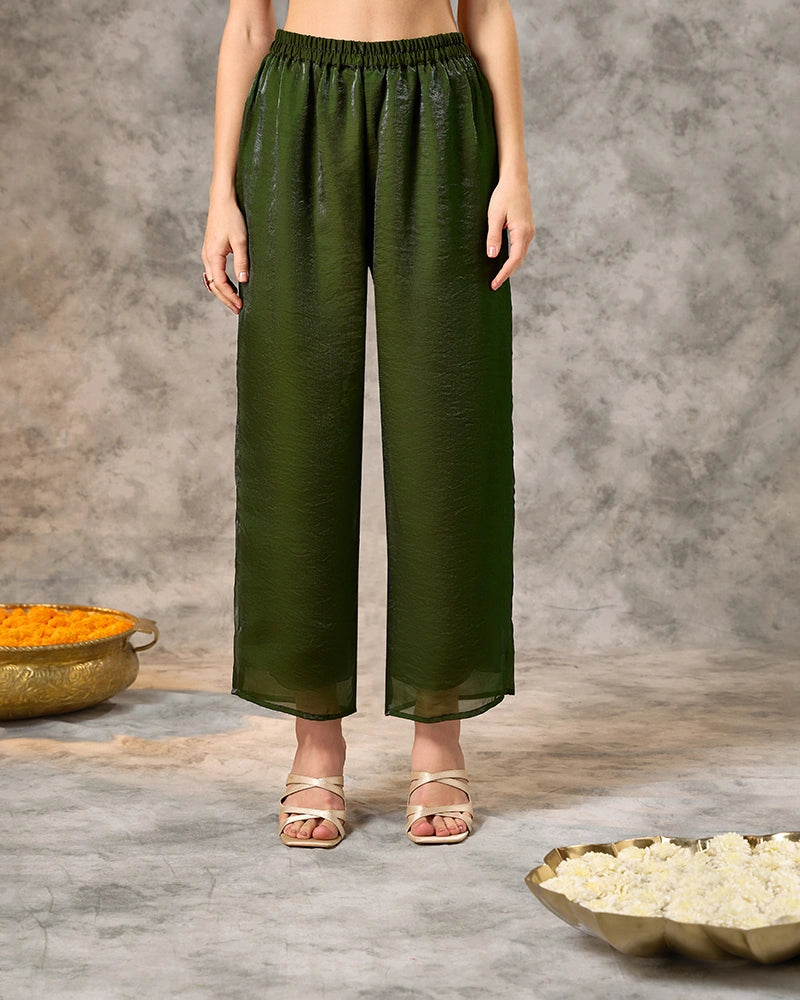 Asymmetric Embroidered Kurta Set with Pant and Dupatta - Bottle Green