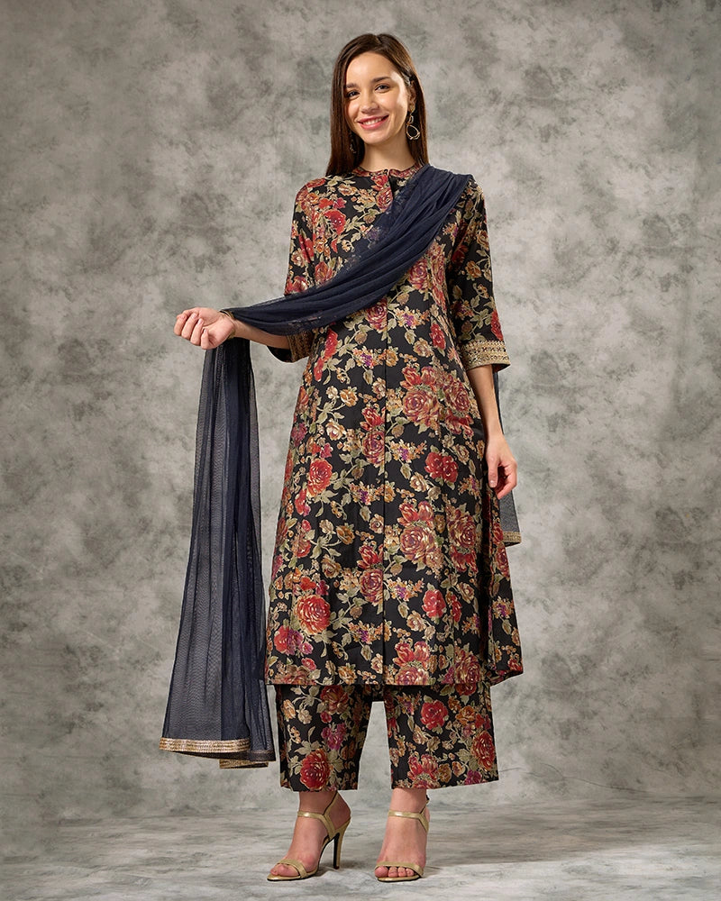 Zari Embroidered All over Printed Mandarin Neck Kurta Set with Pant and Dupatta - Black
