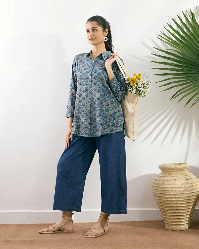 Blue Viscose Printed Regular Fit Shirt for Women