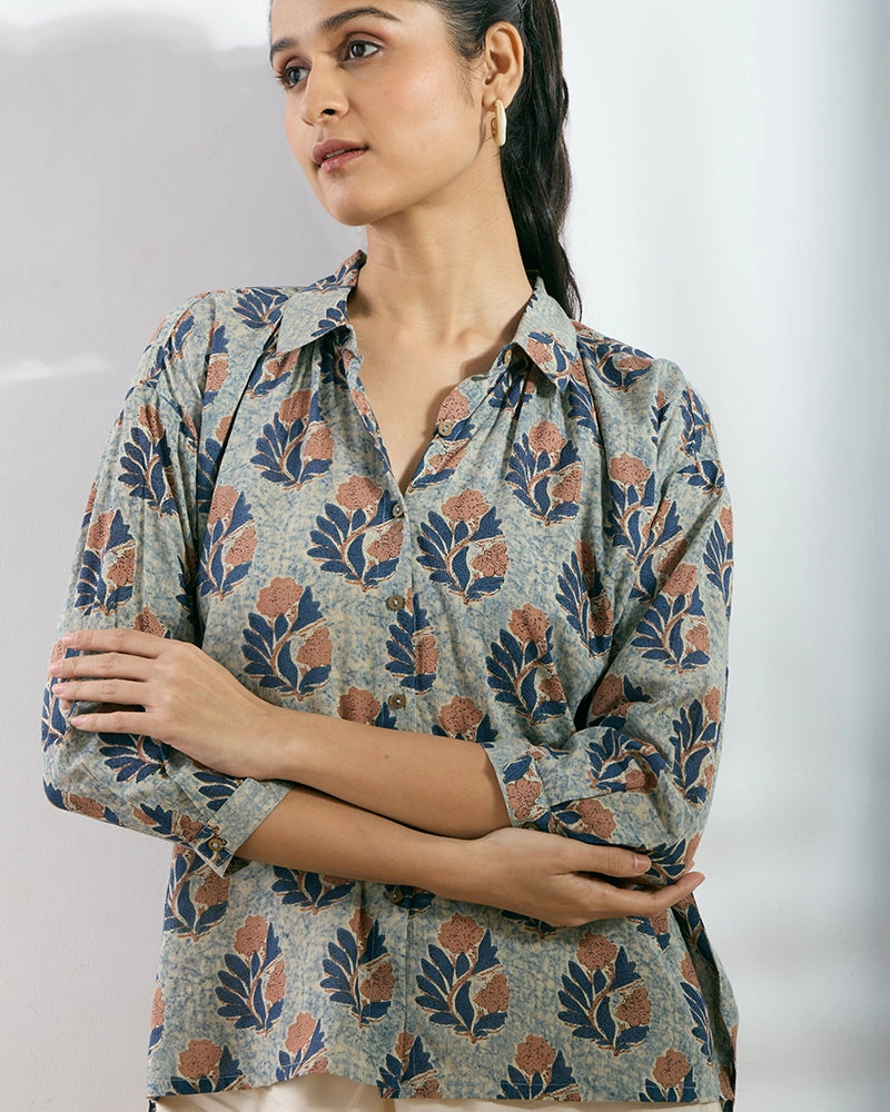 Navy Blue Modal Printed Boxy Fit Shirt for Women