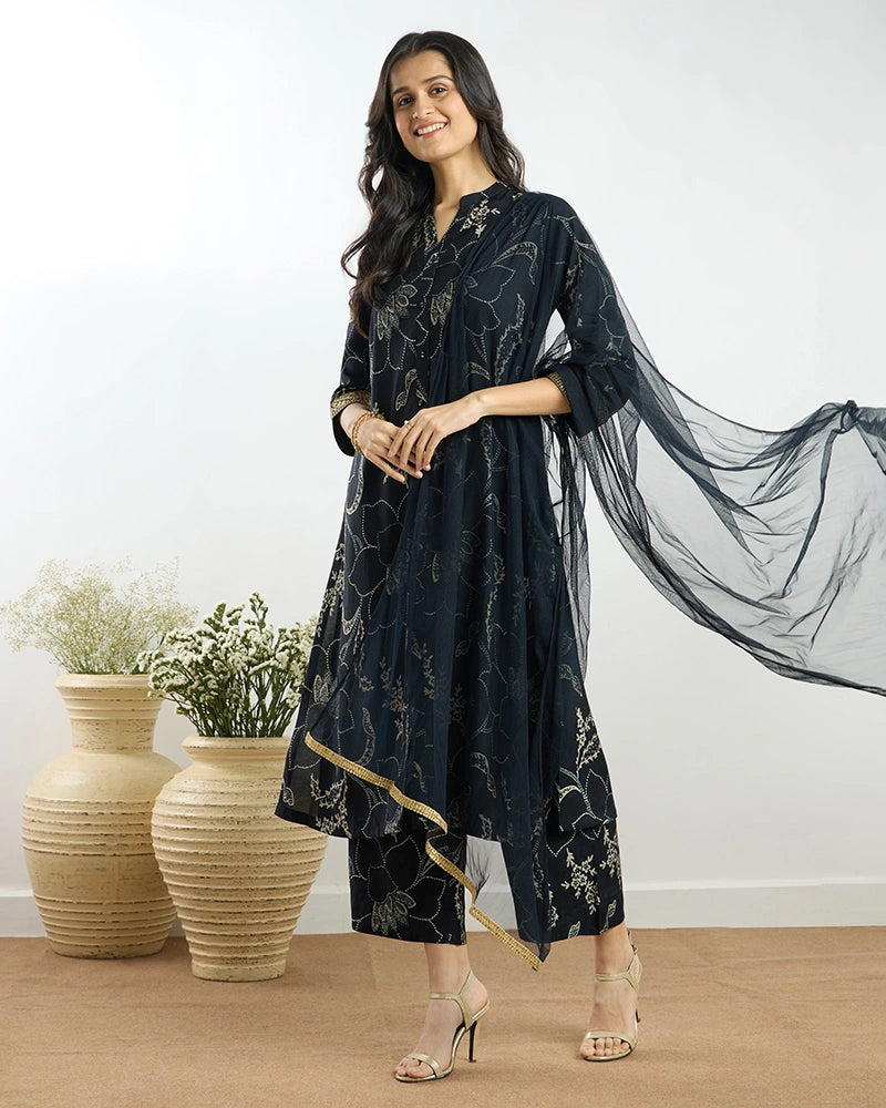 Navy Blue Printed Button-Down Kurta Set with Dupatta for Women