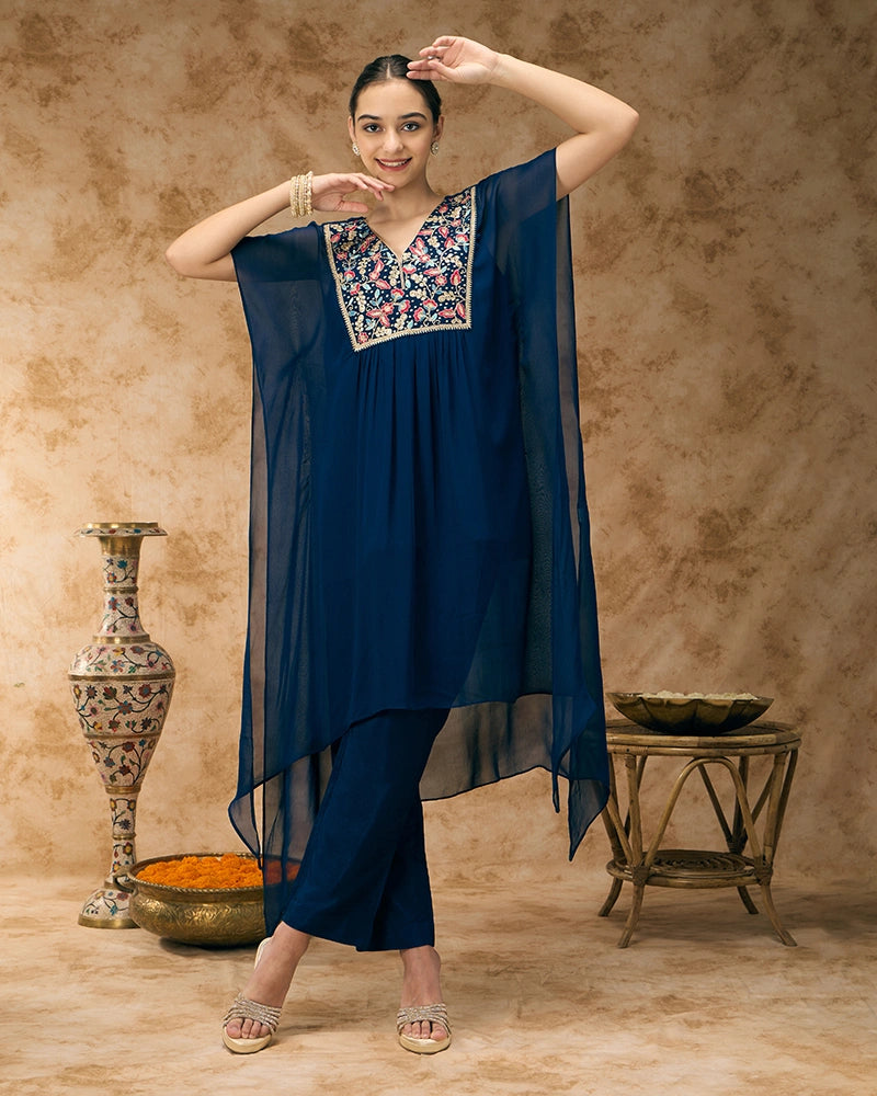 Embroidered yoke kaftan set - Navy