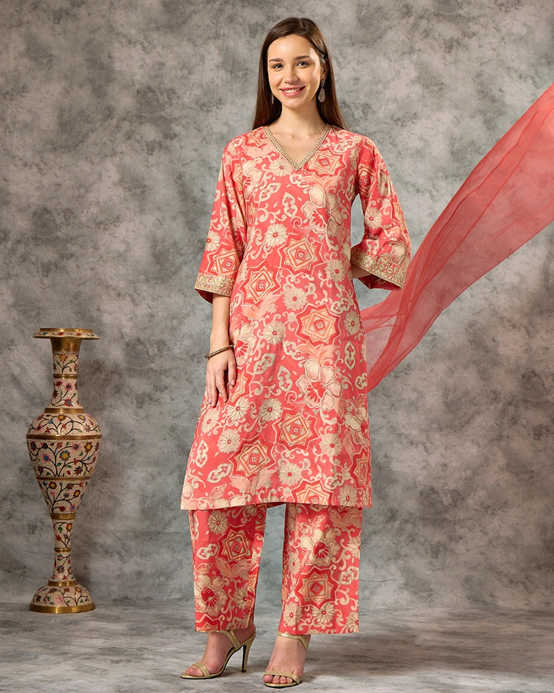 A-line All Over Floral Printed Kurta Set with Pant & Dupatta - Orange