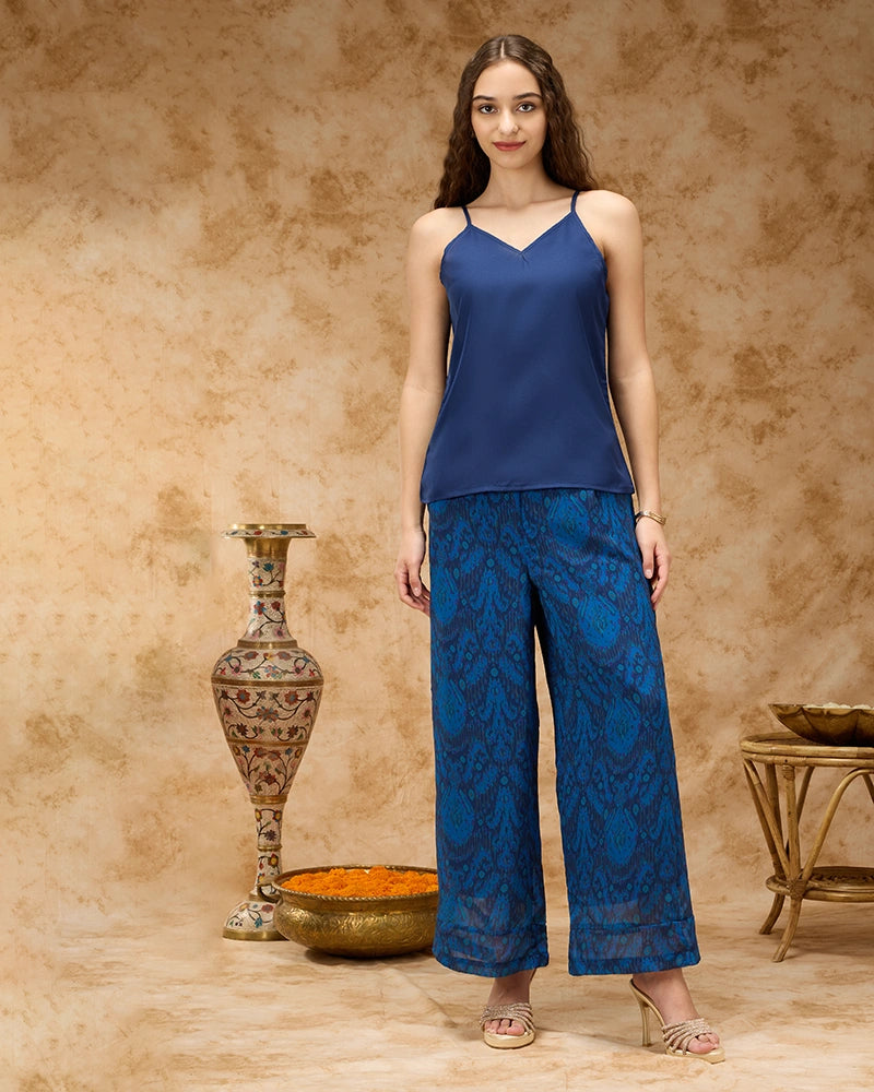 All Over Printed Tie Up Neck Kaftan Co-Ord Set - Navy