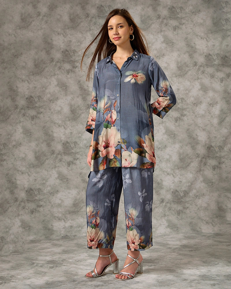 Floral Printed Modal Embroidered Collar Neck Top with Pant Co-Ord Set - Blue