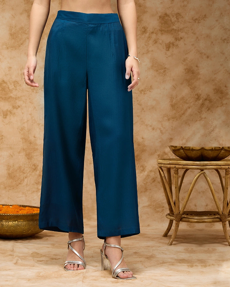 Shirt Collar Co-ord Set with Tonal Embroidery & Lace Inserts - Blue