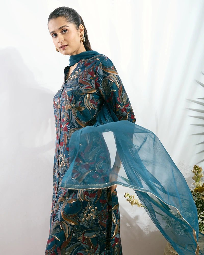 Blue Printed Button-Down Kurta Set with Dupatta for Women