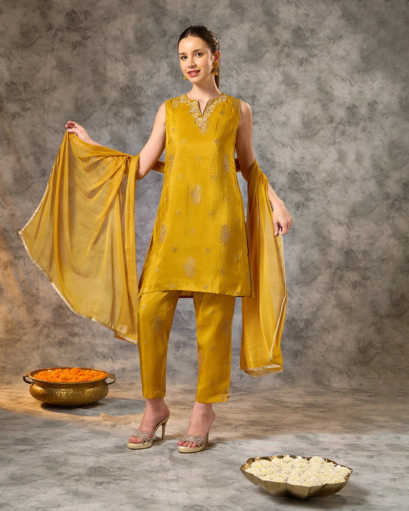 Brocade Kurta Set - Yellow