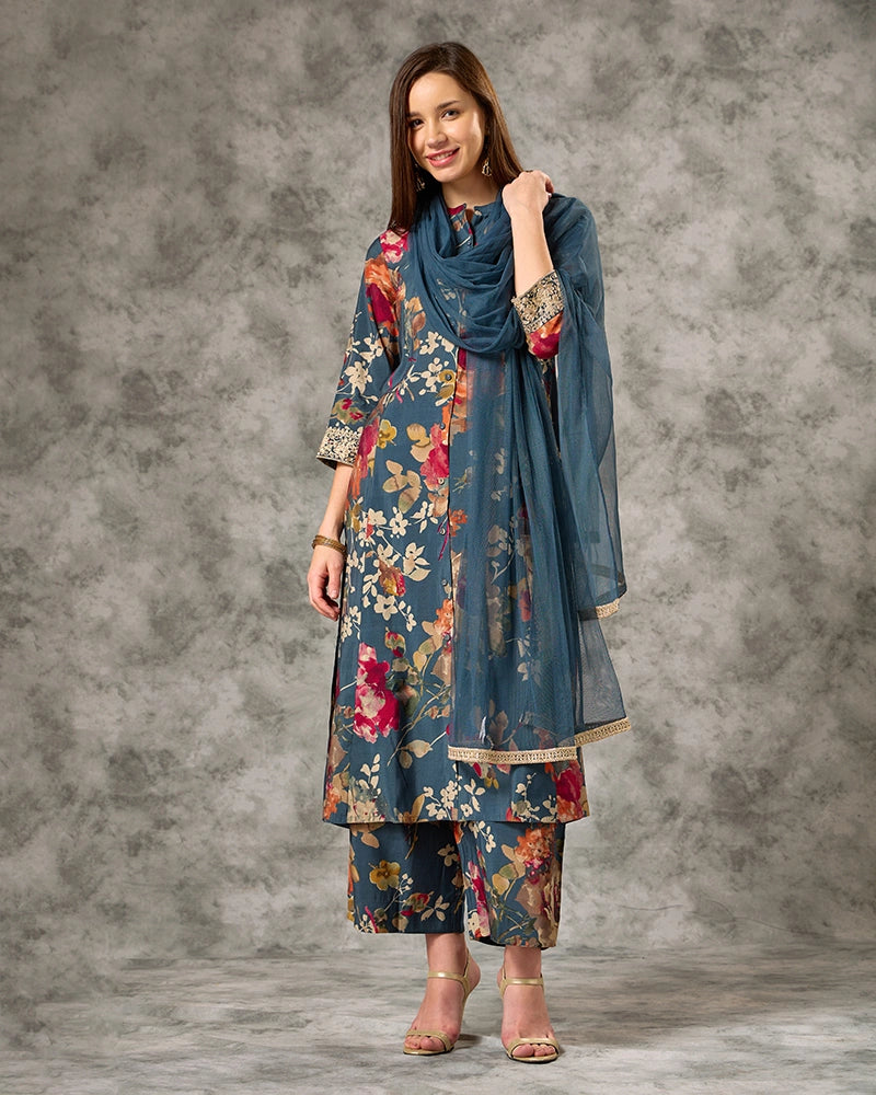 Zari Embroidered All over Printed Mandarin Neck Kurta Set with Pant and Dupatta - Blue