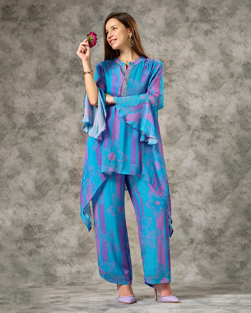 V-Neck Bandhani Printed Co.ord Set - Blue