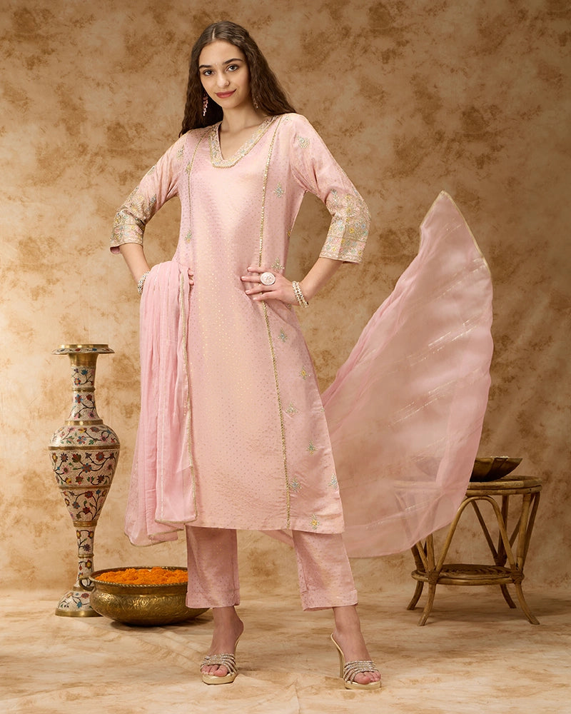 A-line Embroidered Kurta Set with Pant and Dupatta- Blush Pink