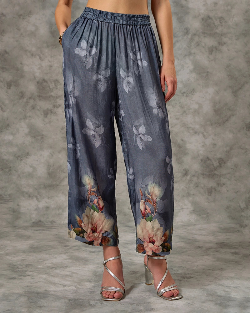 Floral Printed Modal Embroidered Collar Neck Top with Pant Co-Ord Set - Blue