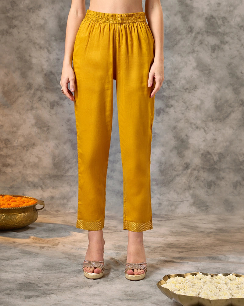 Foil Printed Kurta Set with Pant and Dupatta - Mustard