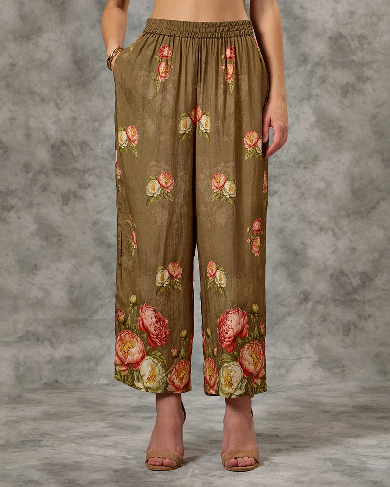 Floral Printed Modal Embroidered Collar Neck Top with Pant Co-Ord Set - Green