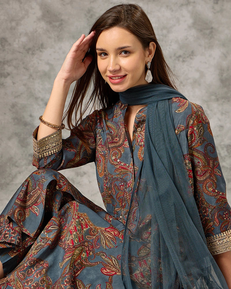 Zari Embroidered All over Printed Mandarin Neck Kurta Set with Pant and Dupatta - Blue