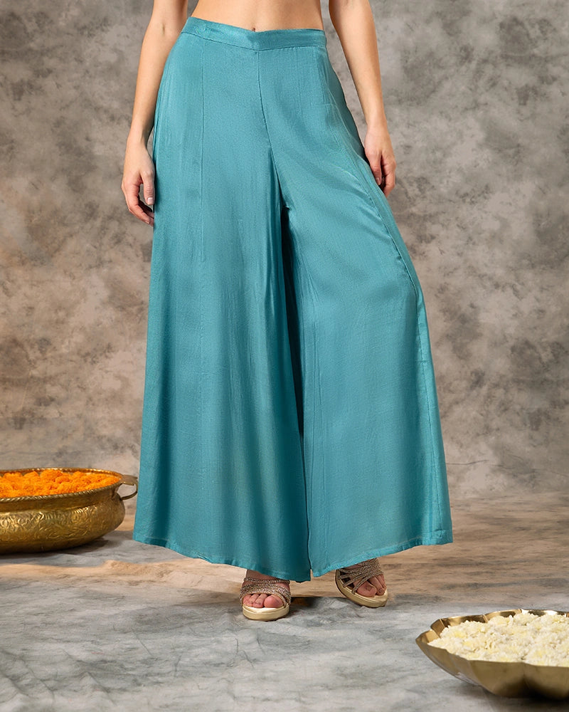 Embroidered Round Neck Kurta Set with Wide Pant and Dupatta - Teal