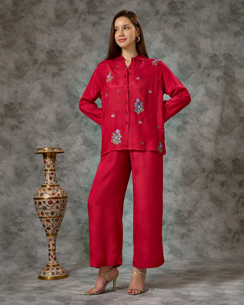 Embroidered Co-ord Set - Dark Pink