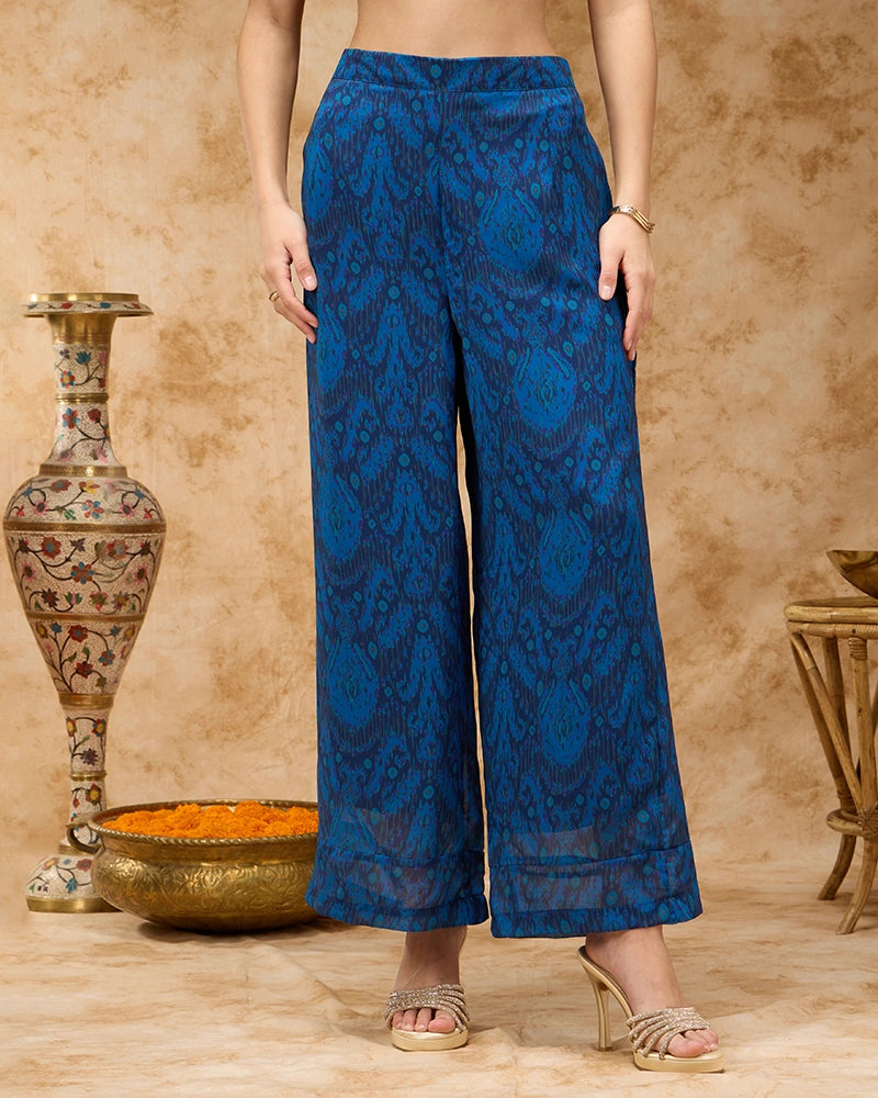 All Over Printed Tie Up Neck Kaftan Co-Ord Set - Navy