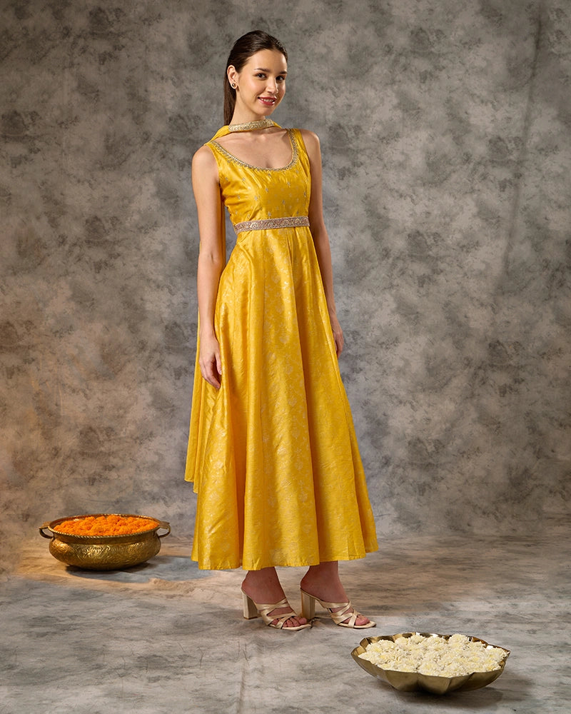 Foil Printed Long Anarkali Kurta with Embroidered Dupatta  - Yellow