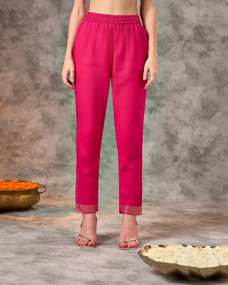 Foil Printed Kurta Set with Pant with Dupatta - Fuschia