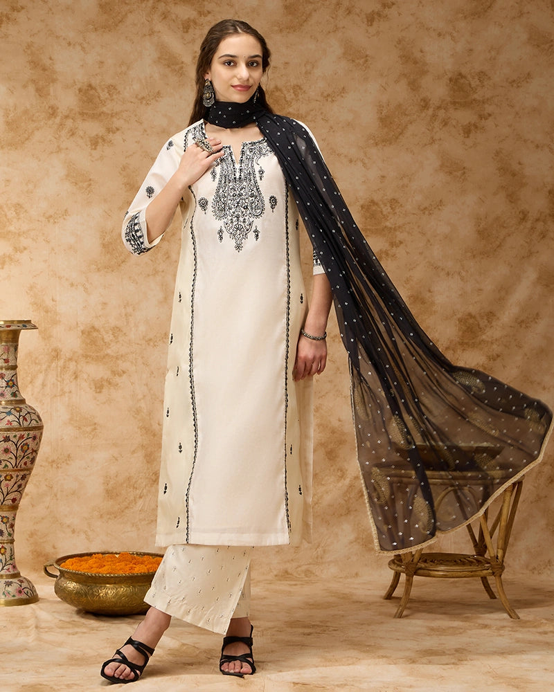 Round Neck A-line Embroidered Kurta Set with Pant & Dupatta - Off White
