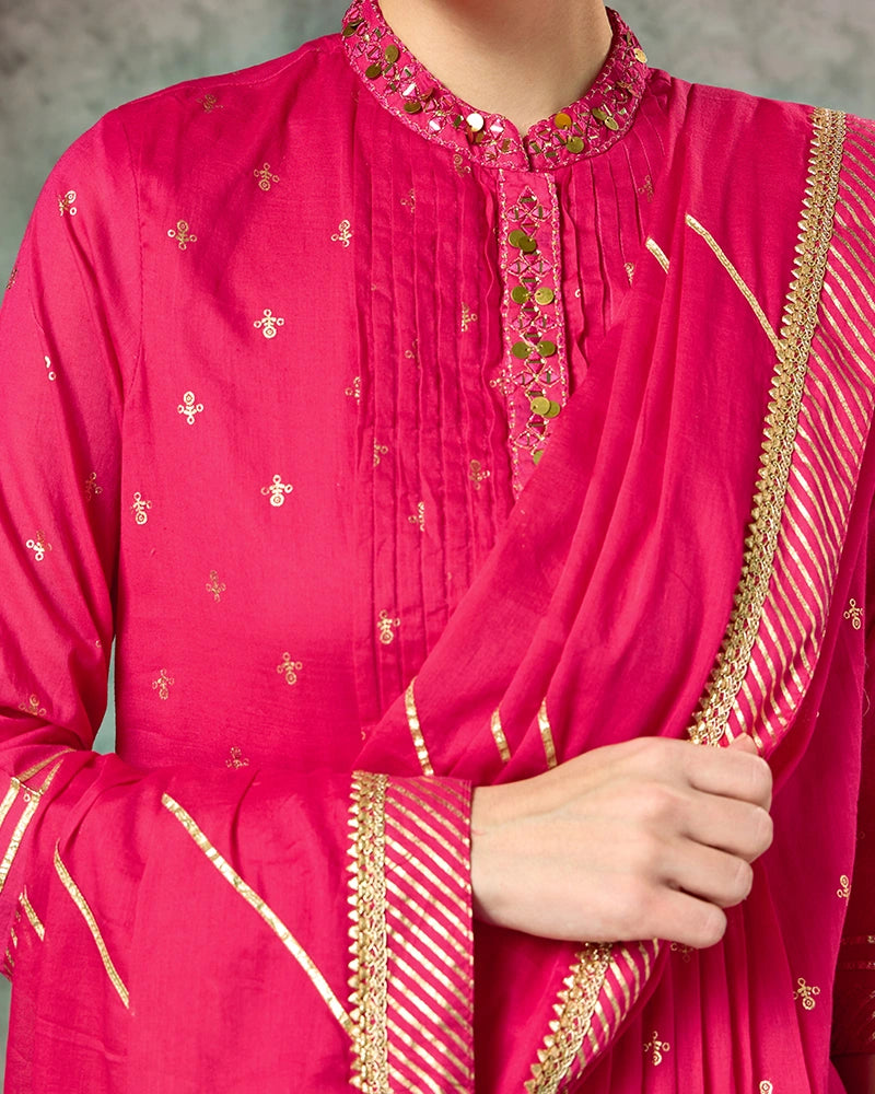 Foil Printed Kurta Set with Pant with Dupatta - Fuschia