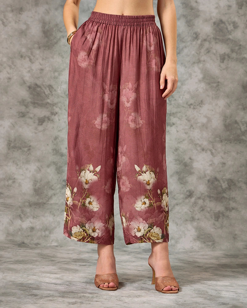 Floral Printed Modal Embroidered Collar Neck Top with Pant Co-Ord Set - Brown