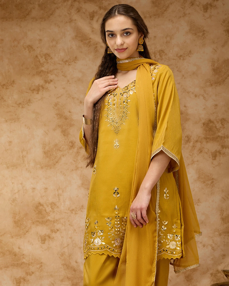 Embroidered Kurta Set - Yellow