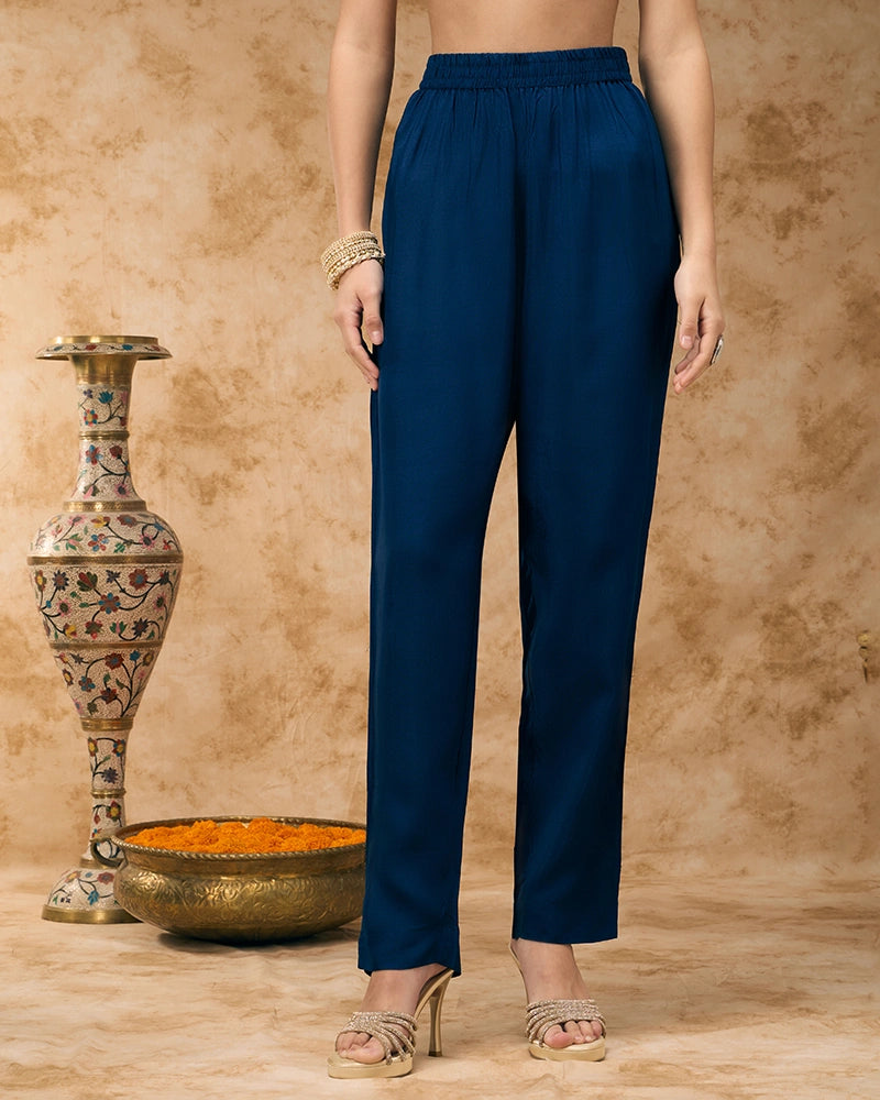 Embroidered yoke kaftan set - Navy