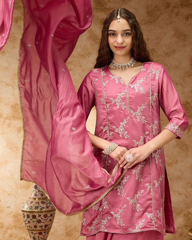 Round Neck Zari Embroidered Kurta Set with Wide Leg Pant and Dupatta - Pink