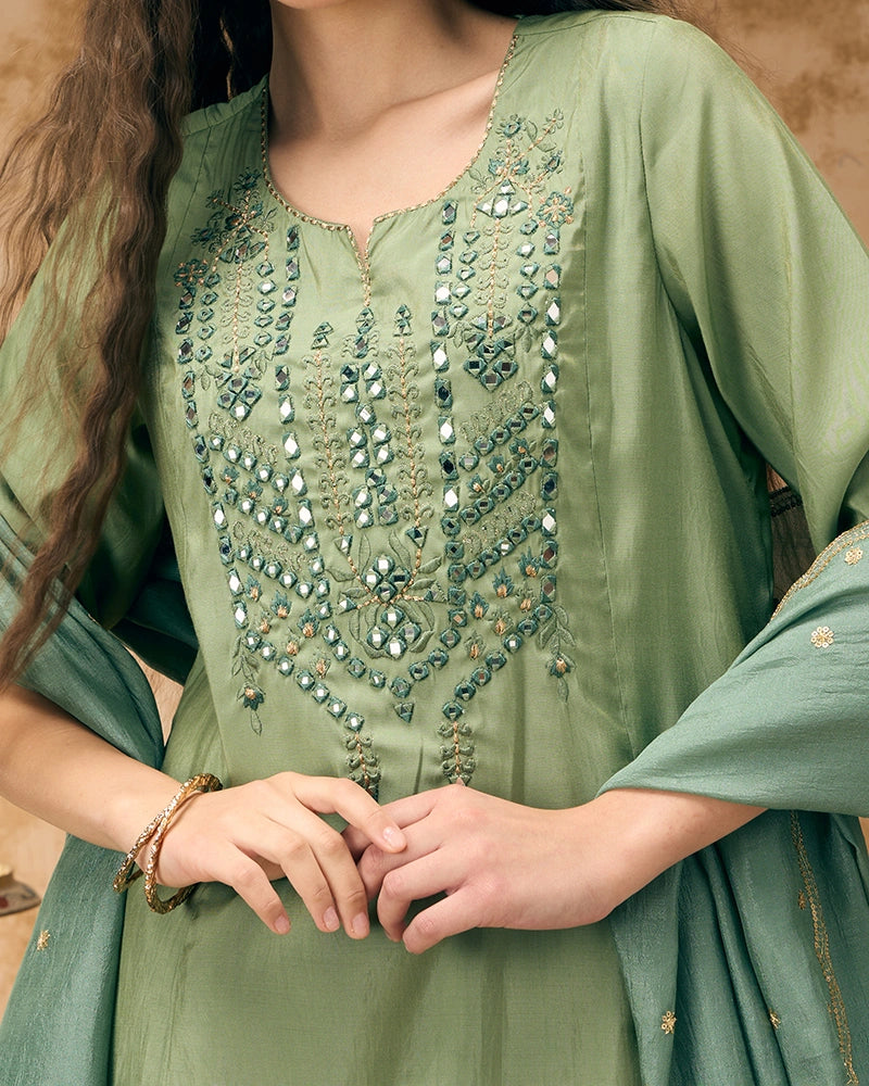 A-line embroidered kurta set - Sage Green
